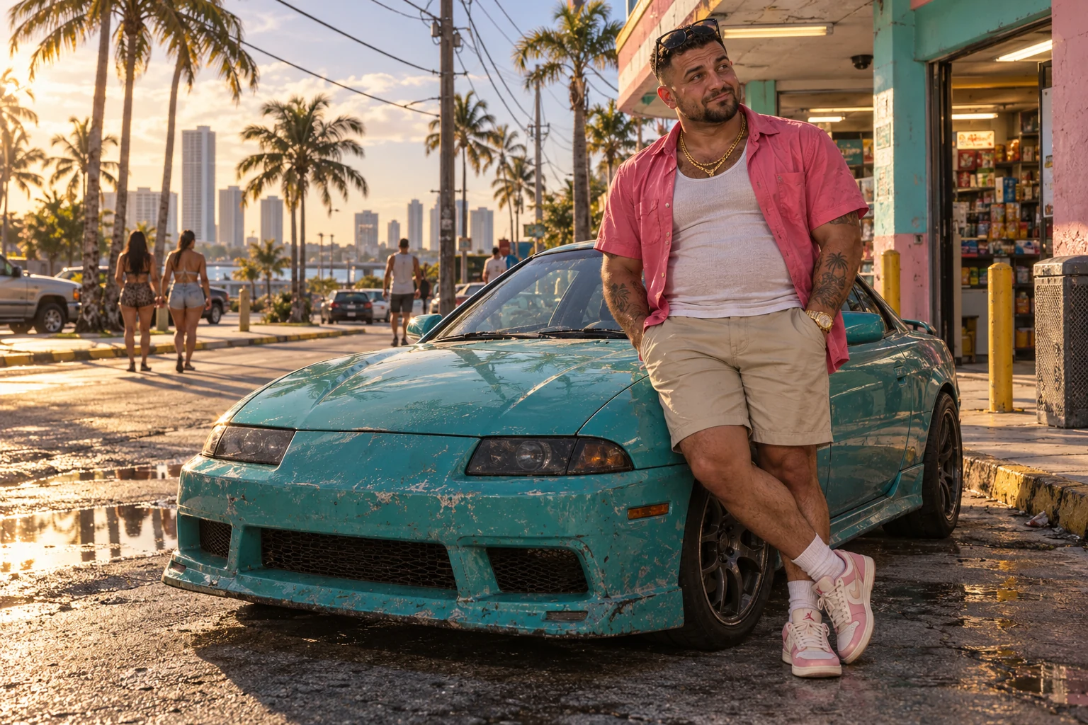 Ricy Rocco in a pink shirt and gold chains leaning against a worn turquoise sports coupe on a palm-lined Florida street at sunset.