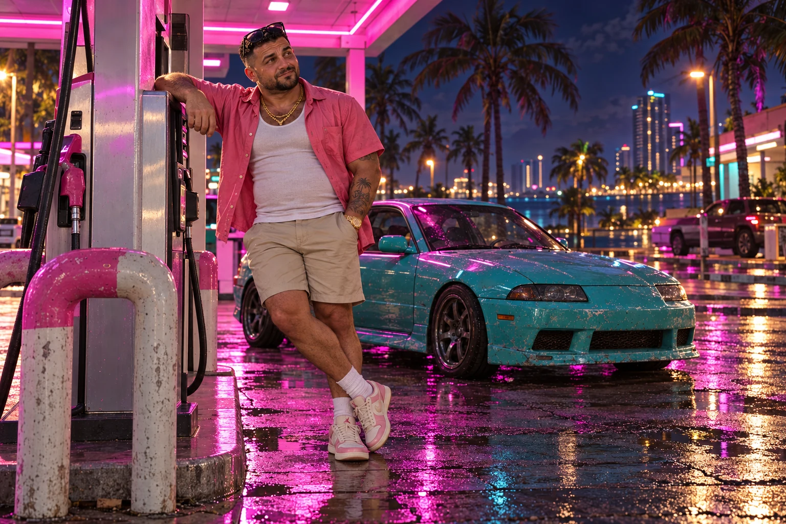 Ricy and his turquoise coupe beneath pink neon lights at a petrol station after dark, with wet pavement reflecting the canopy.