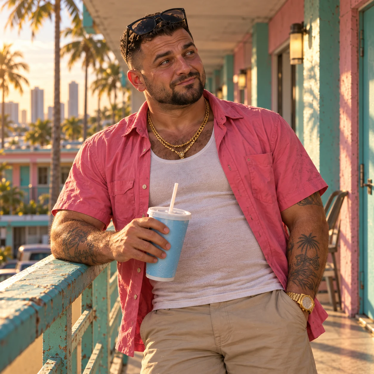 Ricy, with sunglasses on his head and two gold chains, holding an oversized plastic drink on a pastel motel balcony.