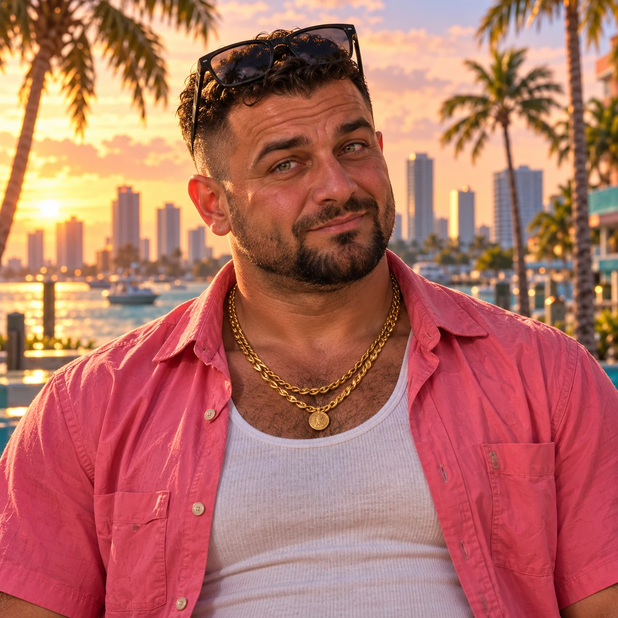Square Ricy Rocco token portrait, showing his short curls, beard, pink shirt and gold chains against sunset palms.